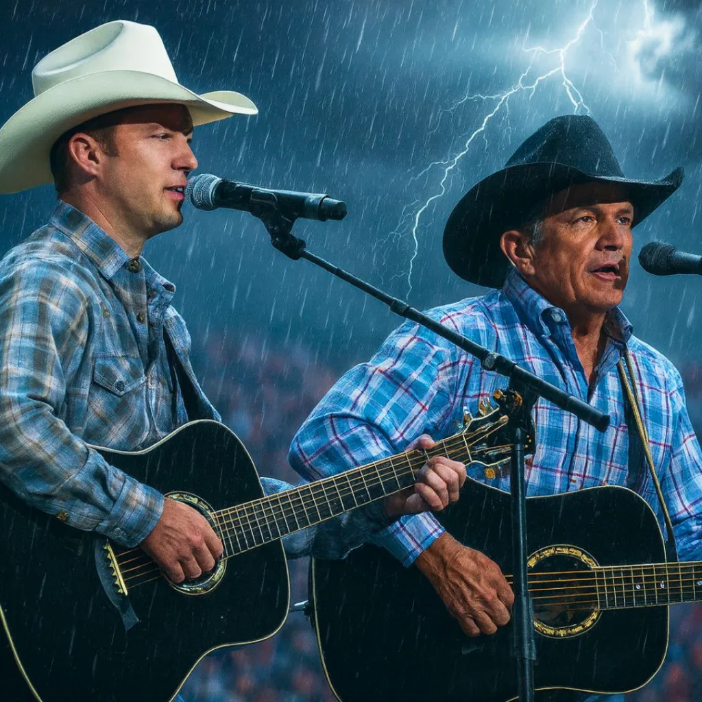 A father. A son. And a storm that dared to challenge the soul of country music. Thunder rolled suddenly across the Texas sky as George Strait’s voice carried through the night. The lights flickered… then went out. The announcer declared it was over — show canceled. But George wasn’t done. He stepped back onto the stage, drenched from the rain, guitar still in hand. His son, Bubba, followed right behind. No band. No sound system. Just two Straits against the storm. George looked at the crowd and said quietly, “We might’ve lost the lights, but we still have the music.” Then they played — a soft song about love, faith, and the kind of strength that stands tall when everything else falls. When the last note faded, the rain stopped — and Texas stood silent. 562135569 122210486012050701 6365267716384666730 n