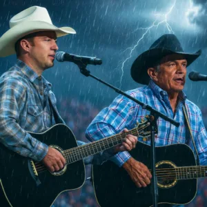 A father. A son. And a storm that dared to challenge the soul of country music. Thunder rolled suddenly across the Texas sky as George Strait’s voice carried through the night. The lights flickered… then went out. The announcer declared it was over — show canceled. But George wasn’t done. He stepped back onto the stage, drenched from the rain, guitar still in hand. His son, Bubba, followed right behind. No band. No sound system. Just two Straits against the storm. George looked at the crowd and said quietly, “We might’ve lost the lights, but we still have the music.” Then they played — a soft song about love, faith, and the kind of strength that stands tall when everything else falls. When the last note faded, the rain stopped — and Texas stood silent. 562135569 122210486012050701 6365267716384666730 n