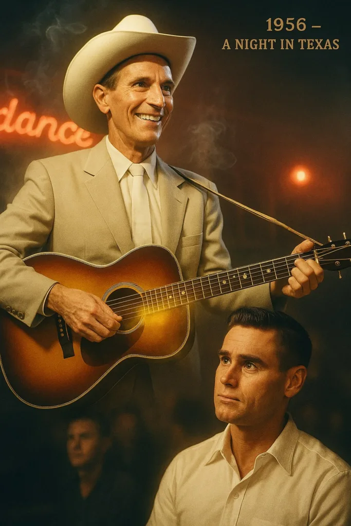 It was 1956 in a smoky Texas dance hall. Ernest Tubb was halfway through “Walking the Floor Over You” when his old guitar string snapped. Without a word, a young George Jones stepped from the crowd, handed him his own guitar, and whispered, “Keep playin’, Mr. Tubb — they came to hear you.” Tubb smiled, nodded, and finished the song with tears glimmering under the neon lights. Later, he told friends, “That boy’s got country music in his blood.” That night, a legend quietly passed the torch — no ceremony, just heart. 565696302 122210936324050701 5416383055572651762 n