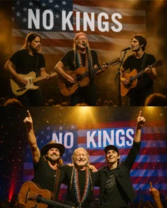 BREAKING: Midway through his concert, Willie Nelson stopped singing — the crowd fell silent as he lifted his old guitar toward the sky. Behind him, the American flag glowed under the lights — with three simple words stitched across it: “NO KINGS.” 🇺🇸 No speech. No slogans. Just a moment of truth that brought thousands to tears and reminded America what freedom really sounds like. 569080786 122239333952060091 7278519563182841385 n