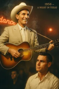 It was 1956 in a smoky Texas dance hall. Ernest Tubb was halfway through “Walking the Floor Over You” when his old guitar string snapped. Without a word, a young George Jones stepped from the crowd, handed him his own guitar, and whispered, “Keep playin’, Mr. Tubb — they came to hear you.” Tubb smiled, nodded, and finished the song with tears glimmering under the neon lights. Later, he told friends, “That boy’s got country music in his blood.” That night, a legend quietly passed the torch — no ceremony, just heart. Featured image