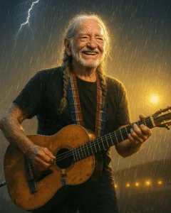 WHEN WILLIE LAUGHED IN THE RAIN. They said he was too old to tour again. But that night in Austin, as thunder cracked over the hills, Willie Nelson stepped onto the stage with a grin. His hair was silver, his hands trembling — but when he strummed the first note, the storm went quiet. Halfway through “Blue Eyes Cryin’ in the Rain,” the sky broke open again, soaking everyone — even him. Willie just looked up, laughed, and said, “Guess the good Lord wanted a duet.” The crowd didn’t cheer. They just stood there, drenched and smiling, because they knew they’d just witnessed something bigger than music. Featured image