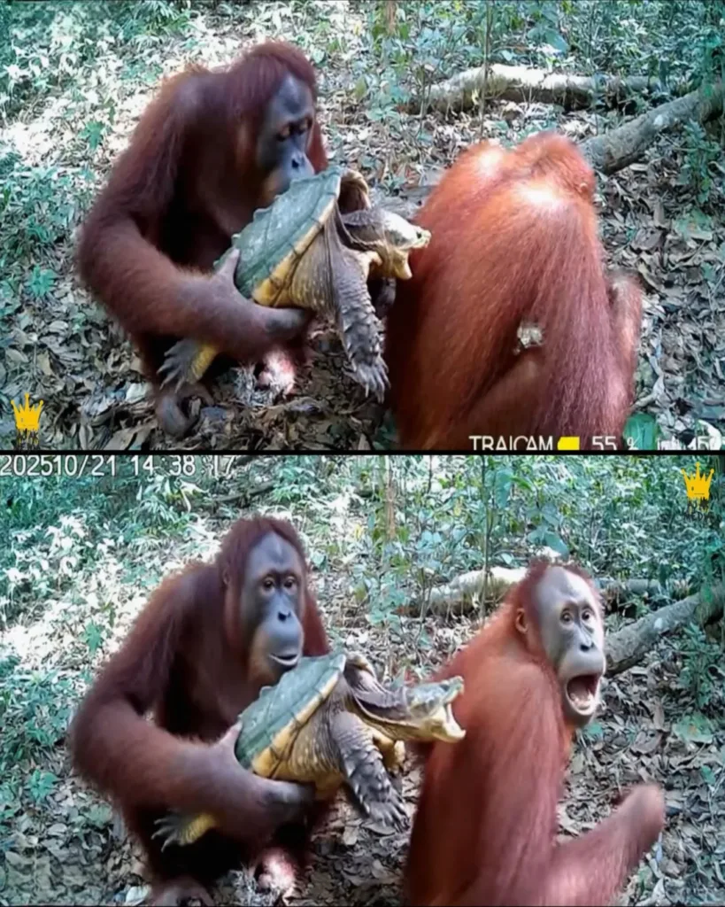 Orangutan Uses Snapping Turtle to Prank Younger Apes — A Rare Glimpse of Wild Humor