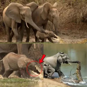 In Mana Pools, Zimbabwe, a giant crocodile unexpectedly clamped its jaws on a baby elephant's leg, dragging it into the river. The mother elephant charged like a storm, stomping on the predator's head with a deafening roar. The entire herd surrounded it, trunks raised protectively, forcing the crocodile to release its grip and disappear into the water. The baby elephant trembled, clinging to its mother, its wound b.l.ee.d.ing, but it survived thanks to its unwavering maternal love. The moment the mother stomped on the crocodile to save her calf left the world breathless… 598982251 803563052718901 2532730825898678848 n