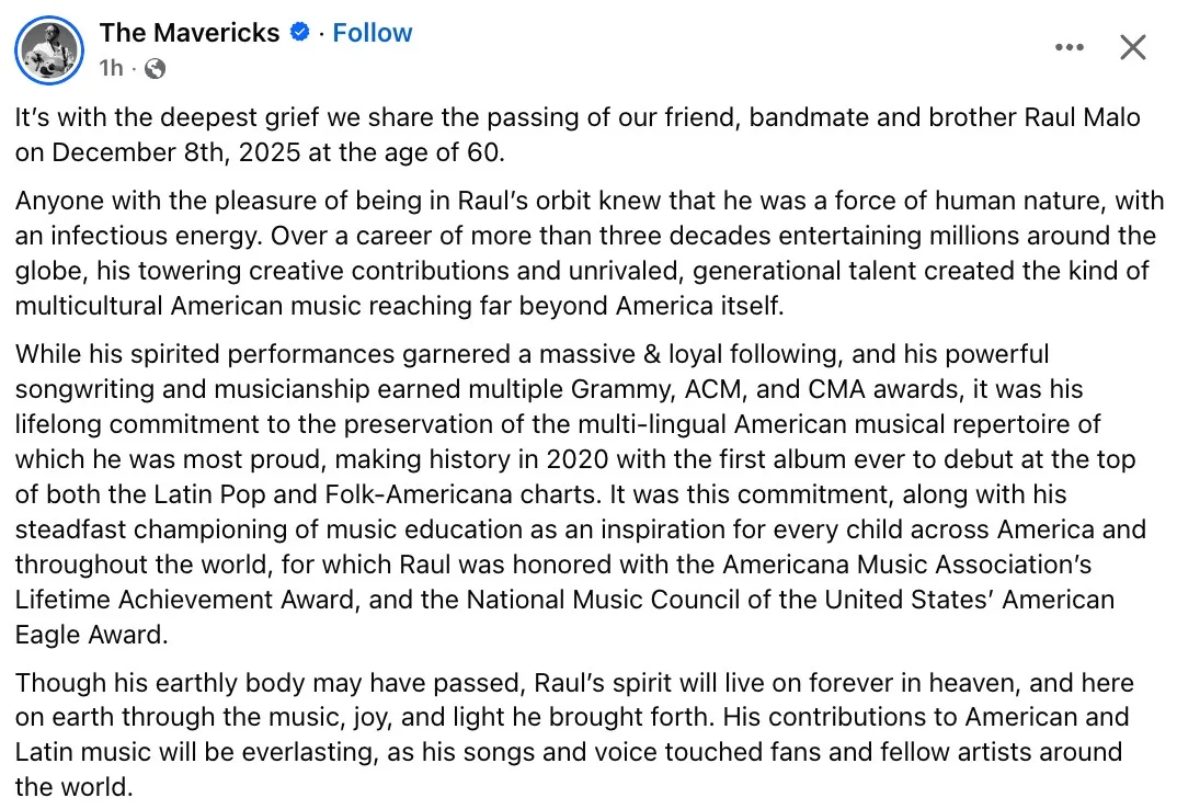 Raul Malo, Mavericks Frontman, Dies at 60 — Music Community Mourns Related image