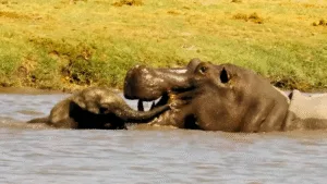 Watch a Bold Baby Elephant Face a Massive Hippo — Miraculous Escape Featured image