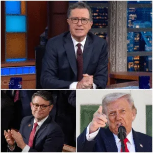Mike Johnson Erupts After Stephen Colbert Exposes Him and Trump Live on Television – The Night Late-Night Comedy Turned Into Political Chaos The studio lights glowed with their usual warmth as Stephen Colbert walked to his desk, smiling easily, yet the room carried a charge that suggested something sharper than jokes was about to be unsheathed. Late-night television often disguises confrontation as comedy, but on this night the rhythm felt different, as if timing, preparation, and intention had quietly aligned for something far more consequential. Colbert opened calmly, delivering familiar banter, easing the audience into laughter, while producers exchanged knowing glances, aware that the segment queued behind the desk promised turbulence rather than comfort. With a grin that felt almost generous, Colbert introduced the topic of transparency, pausing just long enough to ensure attention before delivering a line that reframed the evening’s direction entirely. “When Mike Johnson says he stands for transparency,” Colbert said evenly, “he means everyone else’s transparency,” and the studio erupted in laughter that sounded startled rather than relaxed. The line worked not because it was cruel, but because it landed as an invitation, a door opened toward evidence rather than accusation, setting the stage for what followed. Screens behind Colbert flickered to life, rolling a montage that moved quickly, clips stitched together with precision, showing Johnson contradicting himself across interviews, speeches, and press conferences. Each cut arrived faster than the last, denying viewers time to rationalize, forcing recognition through repetition, and transforming what might have been spin into something undeniably patterned. The audience roared again, but this time laughter mixed with gasps, the sound people make when comedy brushes too close to recognition for comfort. Colbert didn’t raise his voice or pile on commentary, allowing the footage to do the heavy lifting, understanding that restraint often sharpens impact more effectively than excess narration. Then came the pivot, the moment insiders would later describe as the segment’s true ignition point, when Colbert shifted from contradiction toward alignment. A graphic filled the screen, splitting into columns, Johnson’s statements on one side, Donald Trump’s remarks on the other, scrolling in parallel, word-for-word echoes stacking relentlessly. “It’s impressive,” Colbert observed dryly, “to see a Speaker who doesn’t just support Trump — he uploads him,” and the studio exploded into sustained, incredulous applause. The line landed not as insult but as diagnosis, suggesting a system rather than a flaw, and viewers felt the segment lift beyond personality into critique of political machinery. Behind the scenes, producers later said the energy changed instantly, laughter hardening into something more electric, as if the audience sensed history slipping briefly through entertainment. According to multiple insiders, Mike Johnson was watching live from his office, expecting criticism, but unprepared for the methodical dissection unfolding without raised voices or theatrical outrage. One aide described the reaction as immediate and visceral, saying Johnson began pacing, gesturing sharply at the screen, demanding to know who had supplied Colbert with the compiled footage. Another staffer recalled Johnson shouting that the segment was not satire but sabotage, accusing Colbert of running a coordinated smear disguised as comedy, and insisting conservative media respond instantly. Phones lit up across Capitol Hill as word spread that the Speaker was furious, not merely annoyed, but shaken by the clarity with which the narrative had been presented. The meltdown reportedly lasted close to an hour, with Johnson alternating between anger and disbelief, replaying clips, searching for rebuttals, and discovering that denial struggled against compilation. Meanwhile, the segment escaped the studio, leaping onto social platforms within minutes, clipped, captioned, and translated into dozens of variations optimized for outrage and discovery.
