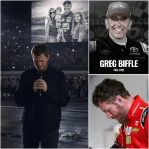 When 80,000 Went Quiet: Dale Earnhardt Jr.'s Tribute to Greg Biffle's Family The MOMENT that left 80,000 NASCAR FANS in STUNNED SILENCE: Dale Earnhardt Jr. stepped onto the STAGE in the middle of the RACETRACK — not to COMPETE, but to HONOR the MEMORY of Greg Biffle and his FAMILY, who had just passed away in a DEVASTATING PLANE CRASH. His VOICE TREMBLING, he began to sing “SEE YOU AGAIN” — a TEARFUL FAREWELL that made the entire WORLD OF SPEED come to a COMPLETE STANDSTILL. A Speedway Fell Silent: Dale Earnhardt Jr.’s Tribute to Greg Biffle’s Family No one arrived at the racetrack expecting quiet. They came for speed, for noise, for the thunder that defines NASCAR. Yet on this night, with more than 80,000 fans filling the grandstands, the engines were silenced—and something far heavier took their place. As Dale Earnhardt Jr. stepped onto a small, makeshift stage at the center of the track, a hush spread through the stadium. Conversations stopped. Helmets were lowered. Even pit crews—men and women hardened by years of pressure, risk, and loss—stood still. Earnhardt Jr. was not there as a driver. He was there as a friend. With a simple nod, the opening notes of “See You Again” floated across the asphalt. The song choice alone made the purpose clear. Earnhardt Jr. dedicated the moment to Greg Biffle, honoring the memory of Biffle’s wife and their two children—a loss that had shaken the racing community to its core. His voice, rarely heard above roaring engines, came through raw and unpolished. It cracked. It trembled. And that vulnerability made it unforgettable. This was not a performance designed for applause or spectacle. It was grief spoken aloud, without armor or pretense. Each lyric seemed to carry the weight of the entire garage. Racing demands bravery not only from drivers, but from families who live with constant uncertainty. As Earnhardt Jr. sang, pit crew members behind him bowed their heads. Some held hands. Others wiped away tears without trying to hide them. In the stands, fans mirrored the same emotion. Parents pulled children closer. Longtime followers of the sport stared down at the track, remembering names and faces lost over decades. For many, the moment stirred memories of Dale Earnhardt Sr., and of how NASCAR has always existed on the thin line between triumph and tragedy. When the final chorus faded, the silence that followed was louder than any engine NASCAR has ever fired. There was no immediate cheering. No rush of applause. Just stillness—the kind that comes when thousands of people feel the same thing and don’t yet know how to release it. Slowly, fans rose to their feet. Not to celebrate, but to acknowledge. To bear witness. What made the moment so powerful was not only the song, but the man singing it. Dale Earnhardt Jr. understands loss in a deeply personal way. He knew this tribute did not need speeches about strength or moving forward. It needed remembrance. Nothing more. Sources later said Earnhardt Jr. requested no branding, no sponsor graphics, no dramatic camera angles. “This isn’t about racing,” he reportedly told organizers. “It’s about family.” That intention was felt in every second of the tribute. In a sport defined by speed, this moment was defined by stillness. In a culture that rewards toughness, vulnerability stood unchallenged. And in a stadium built for noise, silence became the most powerful sound of all. No tribute could ever heal the loss Greg Biffle endured. But for one night, the NASCAR community offered something just as meaningful: presence. No one rushed away when it ended. Fans lingered. Drivers stayed. The track lights dimmed slowly, as if the stadium itself understood it had been part of something sacred. Racing would return the next day. Engines would roar again. But for those who were there, this moment would last far longer than any checkered flag—a reminder that beneath the helmets, the horsepower, and the competition, NASCAR is, and has always been, a family. And on this night, that family stood still—together. Racing would return the next day. Engines would roar again. But for those who were there, this moment would last far longer than any checkered flag—a reminder that beneath the helmets, the horsepower, and the competition, NASCAR is, and has always been, a family.