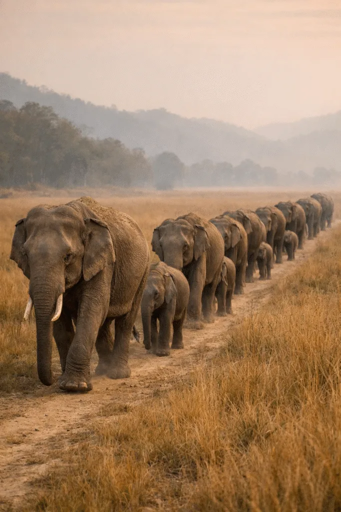 Elephants often walk in a single line because it helps save energy and allows the group—especially calves—to follow the safest path led by an experienced adult.