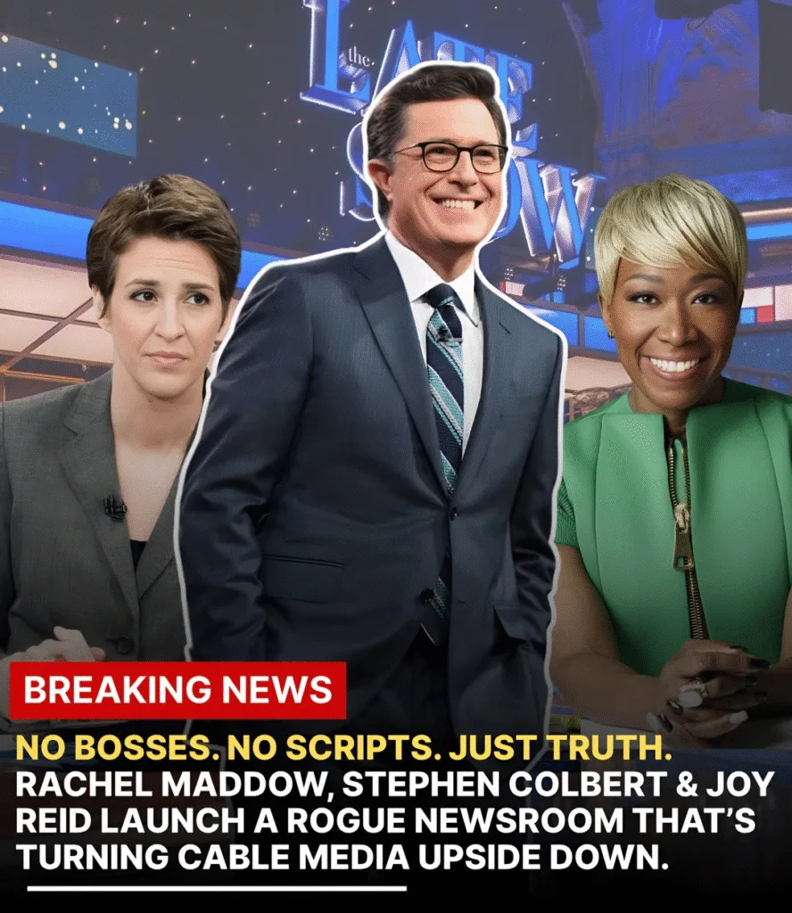 The U.S. media landscape is buzzing after viral claims that Rachel Maddow, Stephen Colbert, and Joy Reid may be teaming up to launch an independent news platform outside the traditional TV system. Dubbed “The Free Newsroom” in online chatter, the project is being pitched as a bold break from mainstream media — no corporate control, no advertisers, no paywalls, and fully live, unscripted programming. Fans are celebrating it as a long-awaited media uprising, while skeptics argue it’s more hype than substance and question whether such a model could actually last.