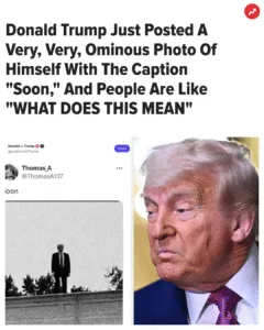 Donald Trump Just Posted A Faceless Image Of Himself With An Ominous Caption, And It's Seriously Chilling Donald Trump is no stranger to ominous photos. Partially obscured by a flag, a large image of a person's intense gaze is seen Advertisement At 6:44 a.m. on Sunday, the president shared an image of himself on Truth Social that has people creeped out. The extremely grainy black-and-white photo features a faceless man resembling Trump standing on a roof with the caption, "Soon." The post follows the political chaos to start 2026, including Trump's invasion of Venezuela, the capture of the Venezuelan president, and civil unrest following ICE's fatal shooting of a Minnesota woman. What could this mean? What are your thoughts? Let us know in the comments below.