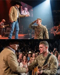 A YOUNG SOLDIER RAISED HIS HAND IN SALUTE. GEORGE STRAIT DID SOMETHING THAT WAS NEVER IN THE SCRIPT. In the middle of the roaring crowd, George noticed a worn military uniform in the farthest row. He stopped the music. Asked the soldier to come closer. No speeches. No hollow applause lines. George quietly removed his million-dollar guitar, signed it, and placed it into the soldier’s hands. “Thank you for bringing me home safely,” the soldier said through tears. Only then did the truth surface. Out on the battlefield, in the harshest nights, George’s songs were the only sound coming from a battered old radio. They were what kept the soldier steady. What gave him something familiar to hold onto. What helped him survive. George said nothing. He simply held the young man’s hand. Two men. Two very different battles. One shared heartbeat of gratitude. Featured image