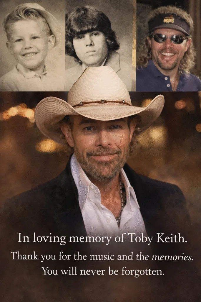 HE NEVER LET FRAILTY STEP INTO THE LIGHT — NOT EVEN AT THE END. Toby Keith was forged on back roads and red dirt, where effort mattered more than applause. Success never polished the edges off who he was. It didn’t dilute his truth or turn his patriotism into a slogan. His songs stood with the working hands, the quiet heroes, the lives lived far from the spotlight. When sickness arrived, he didn’t ask for pity. He carried it in silence. The stride grew slower. The voice bore the weight of time. But the spine never bent. Onstage in those final moments, there were no speeches, no explanations—only presence. Resolve spoke louder than words. That is what remains. Not bravado. Not volume. A steady strength that chose grace over complaint. The rider has disappeared beyond the horizon, yet the music stays planted—an ember that won’t go out, teaching us how to hold our ground when it matters most.