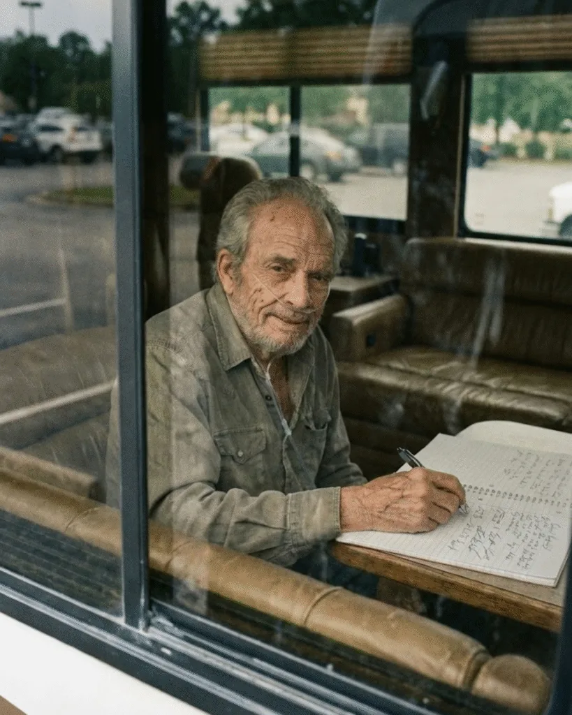 THE TOUR BUS THAT NEVER STOPS. Merle Haggard vowed he would die on the road, and true to his word, he kept the wheels rolling until the very end, defying every doctor’s order. A hasty photo snapped through the tour bus window reveals a heartbreaking sight: a frail, gaunt Merle, tethered to an oxygen tank, but with a pen still firmly gripped in his hand. Toby Keith, who visited him during those final hours, recalled that even with failing lungs, Merle was determined to finish one last verse. “I don’t retire,” Merle wheezed, flashing that signature crooked grin. “I just move to a different stage.” It was the stubborn defiance of a true “outlaw” right to the bitter end—a refusal to quit that broke hearts as much as it inspired them. And that sheet of paper he was writing on? It became his final artifact…
