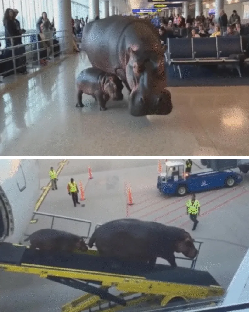 What began as a normal zoo animal transfer quickly turned into a wild scene when a hippopotamus and her calf escaped near an airport runway and made their way toward the terminal. Travelers stared in shock as the mother remained protectively beside her baby while airport staff rushed to clear the area. Flights were temporarily delayed, but the situation ended safely. Both hippos were calmly guided back into their transport vehicle without anyone being hurt. Photos of the unbelievable moment spread rapidly online, with many calling it “the most unexpected airport delay ever.”
