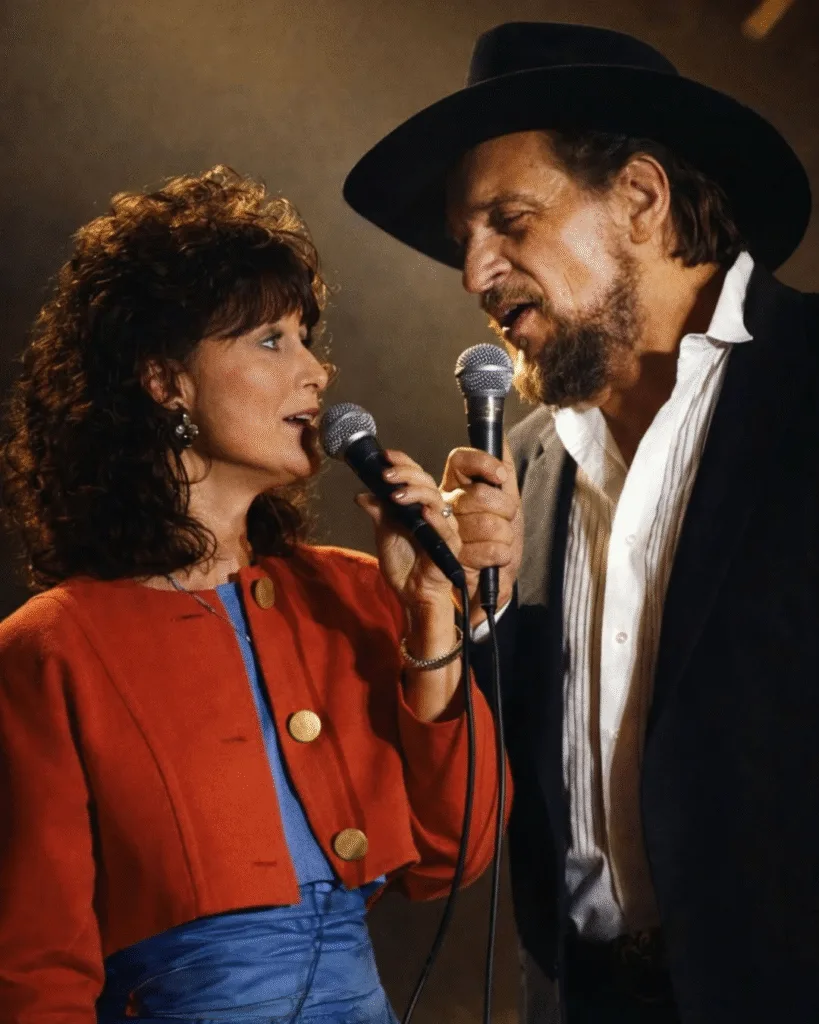 THE OUTLAW COUPLES FINAL DUET WASN’T ABOUT MUSIC — IT WAS ABOUT STAYING. Waylon Jennings and Jessi Colter walked onto the Ryman stage that night like two people who had lived every road, every storm, and every soft morning together. Waylon eased himself onto a wooden chair, his knee and back giving him trouble, but he refused to let pain steal this moment. Jessi stood beside him, resting her hand on his shoulder the way you do when words aren’t enough. They didn’t sing to impress anyone. They sang because it was the only honest way they knew how to say, “We’re still here… together.” Their voices were slower, rougher, but real — the kind of real that makes a room fall silent. The audience rose to their feet, not for perfection, but for courage. For love. For the spirit of two people who showed up even when it hurt, just to give their fans one last piece of themselves.