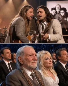 Last night, Lukas Nelson and Micah Nelson walked onstage without warning. No announcement. No buildup. Just two sons stepping into a song that had lived in their house their entire lives. Willie Nelson sat in the front row. Hat low. Shoulders still. He didn’t move when the first harmony landed. He just listened. Tears came early. Quietly. Like they’d been waiting a long time. Their voices didn’t try to impress. They leaned into each other. Years of bus rides. Half-spoken advice. Love said without words. Some harmonies don’t echo. They circle back. And when they do, you can feel why this moment meant more than the song itself.